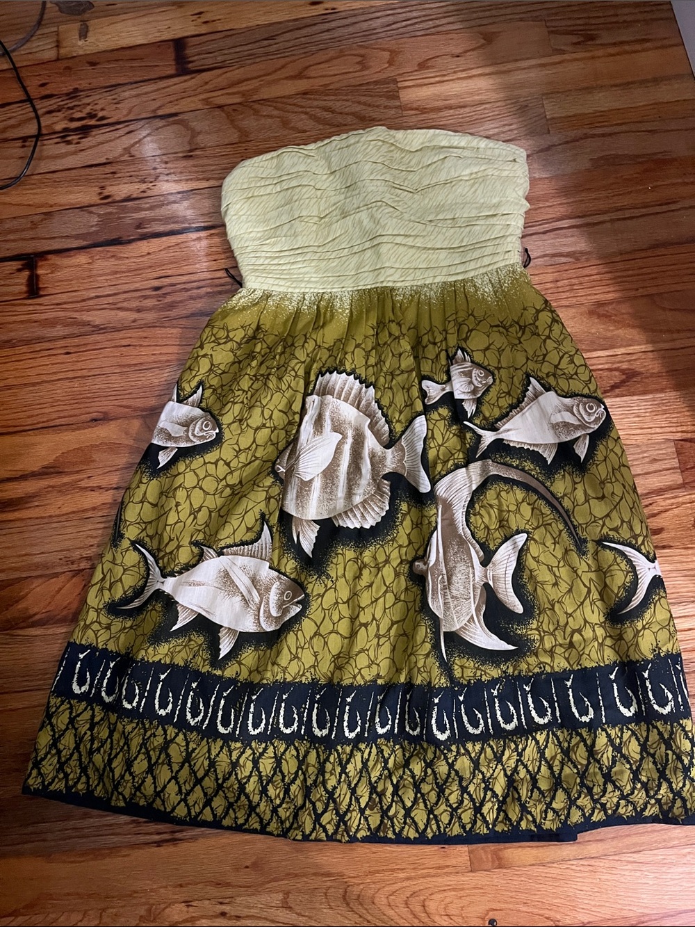 Anthropologie Strapless Yellow-Green Fish Print Dress